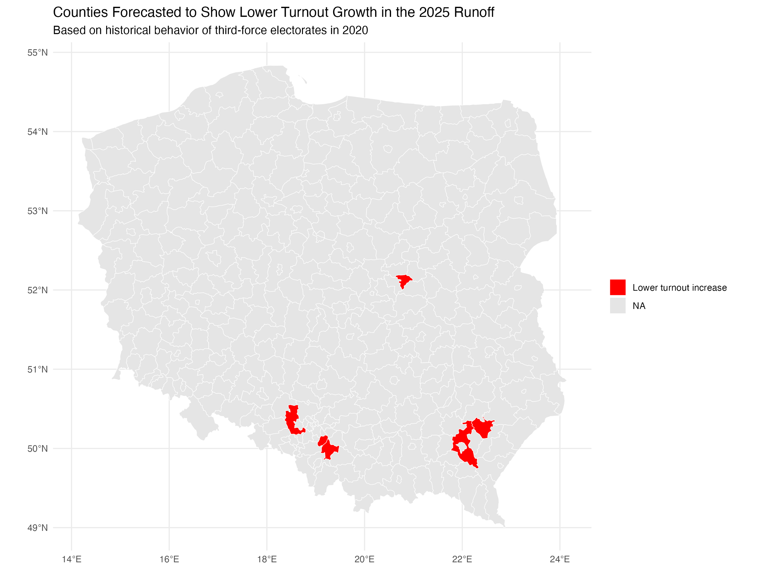 Forecast map - counties at risk of lower turnout growth in 2025